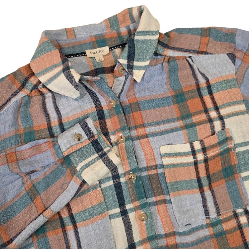 Pilcro Anthropologie Size S Hadley Button Down Shirt Teal Orange‎ Plaid High Low